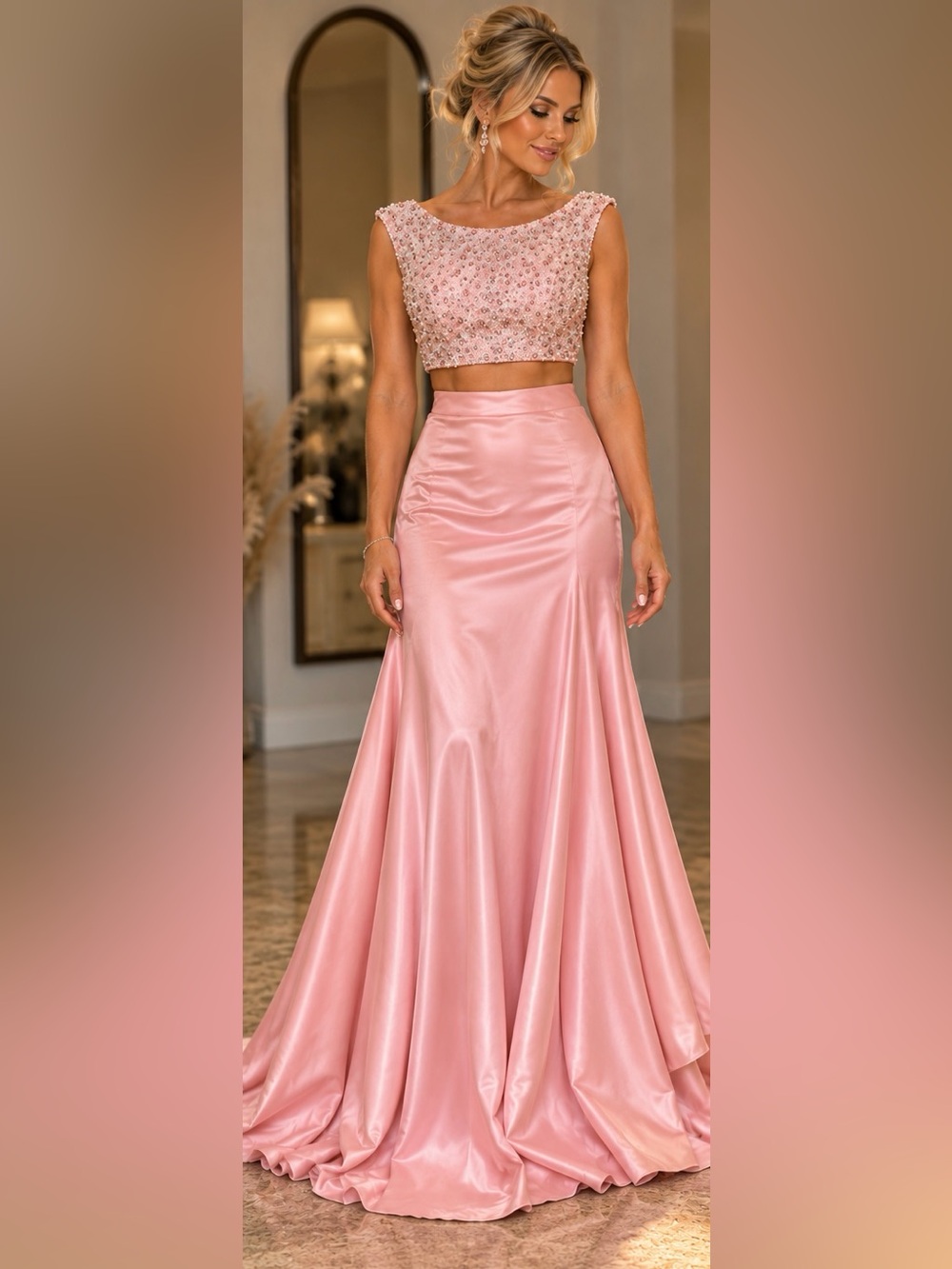 Sherri Hill Blush Pink 2 Piece Beaded Satin Bodice/skirt Dress